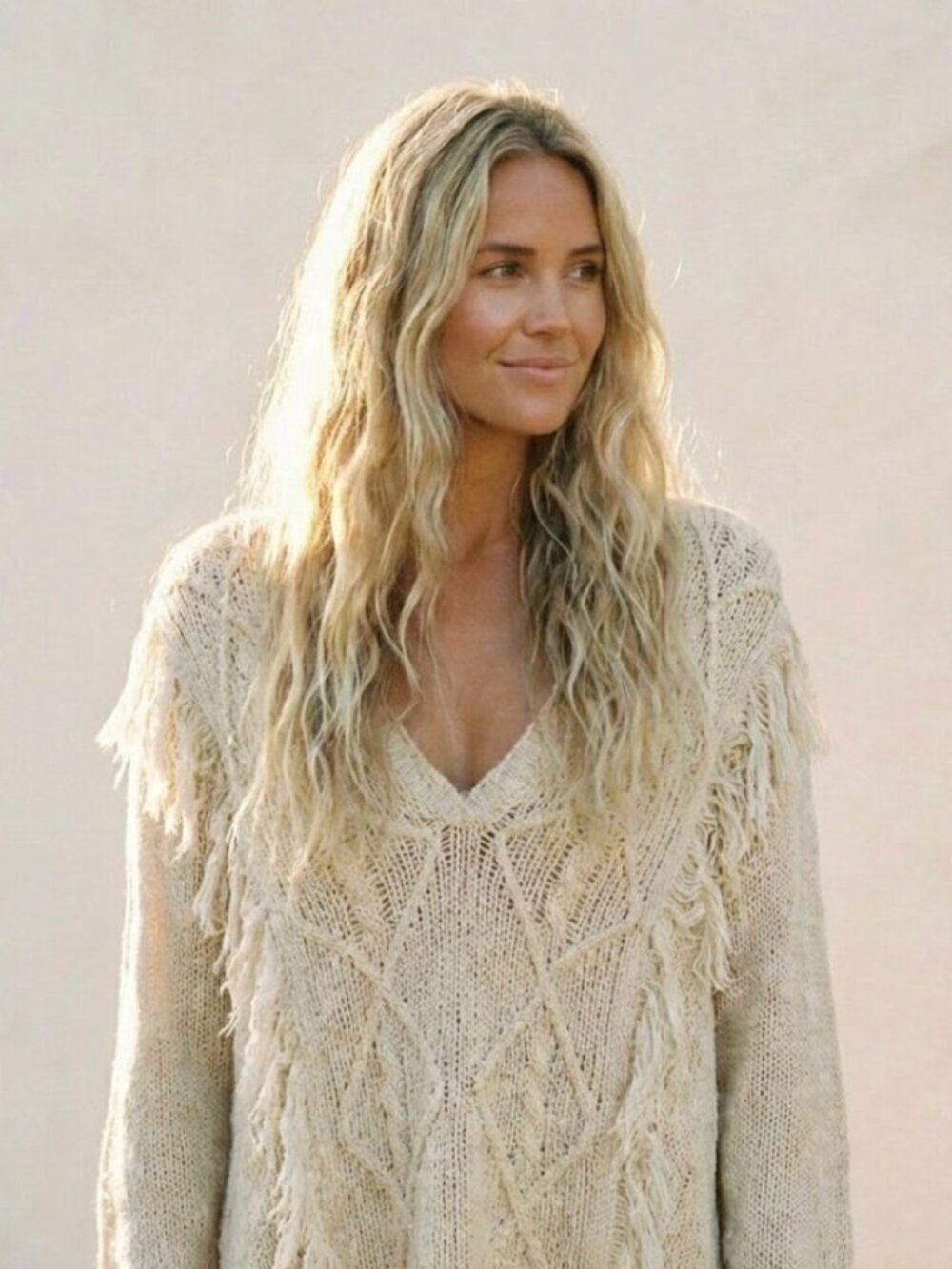 Billabong cream cable knit fringe v neck sweater S